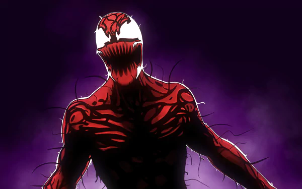 Carnage from Marvel Comics depicted in a vivid 4K Ultra HD comic-style wallpaper with dark, intense colors and a menacing expression on a PC desktop background.
