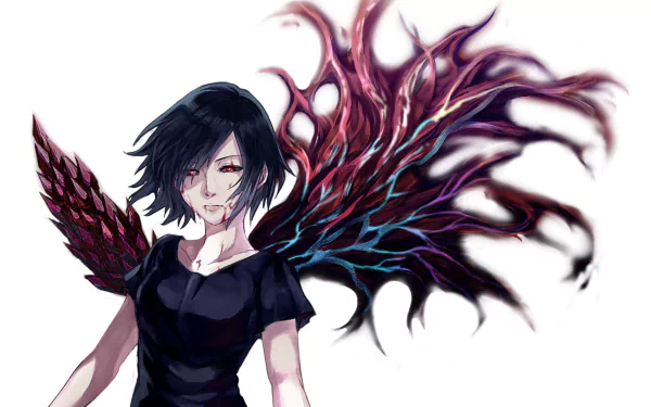 HD anime wallpaper featuring Touka Kirishima from Tokyo Ghoul with short black hair, red eyes, wearing a black shirt, and showcasing her vibrant Kagune.