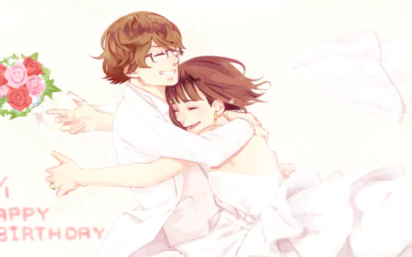 A colorful HD desktop wallpaper featuring characters Nishiki Nishio and Kimi Nishino from Tokyo Ghoul, sharing a joyful embrace with a festive birthday theme and floral accents. 