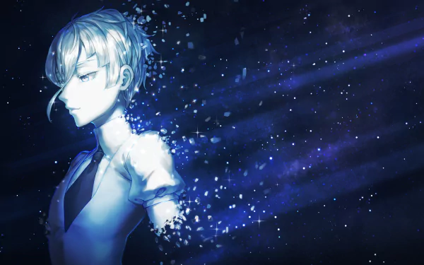 HD PC desktop wallpaper of Antarcticite from the anime Land of the Lustrous, featuring a serene profile with shimmering blue particles against a dark, starry background.