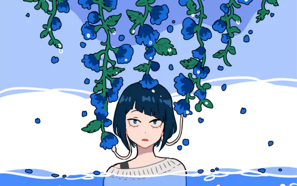 An anime-style HD wallpaper featuring Kyōka Jirō from My Hero Academia. She has blue hair and blue eyes, surrounded by blue flowers, with a water-themed background.