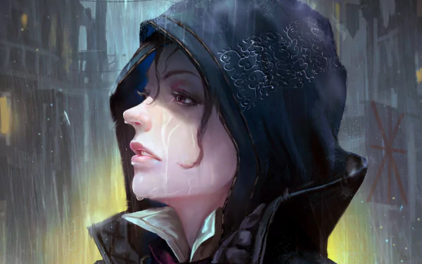HD PC desktop wallpaper featuring a close-up of Evie Frye's rain-soaked face from the video game Assassin's Creed: Syndicate.