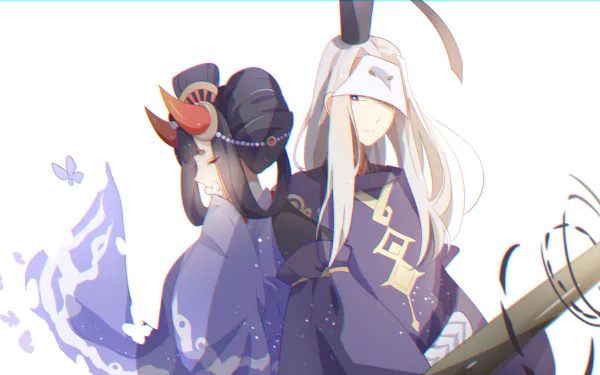4K Ultra HD anime PC wallpaper of Hangan and Enma from Onmyouji: two robed onmyoji — pale-haired Enma and masked Hangan — posed against a minimal white backdrop.