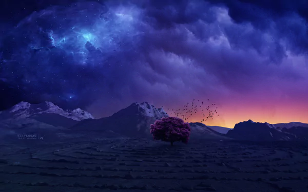 HD fantasy landscape desktop wallpaper featuring a surreal scene with a vibrant tree in the foreground, mountain silhouettes, a dramatic sky with swirling clouds, and a glowing horizon.