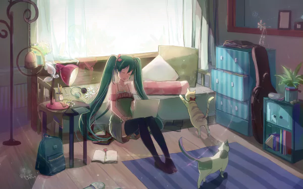HD PC desktop wallpaper: Vocaloid Hatsune Miku sits on a couch in a sunlit living room with a laptop on her lap and two anime cats exploring around.
