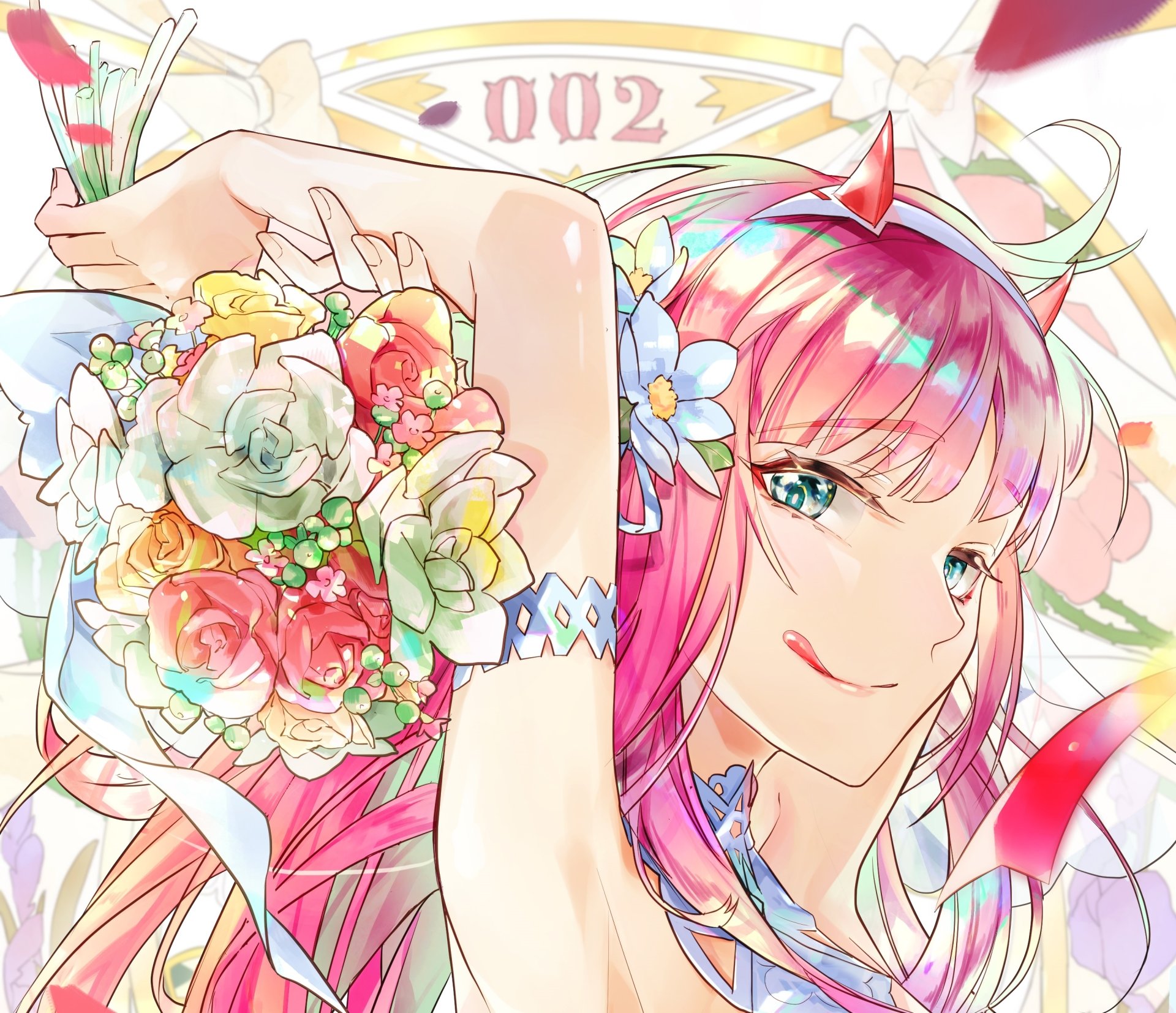 HD anime desktop wallpaper featuring Zero Two from Darling in the FranXX, showcasing her vibrant pink hair, blue eyes, and a colorful bouquet of flowers.