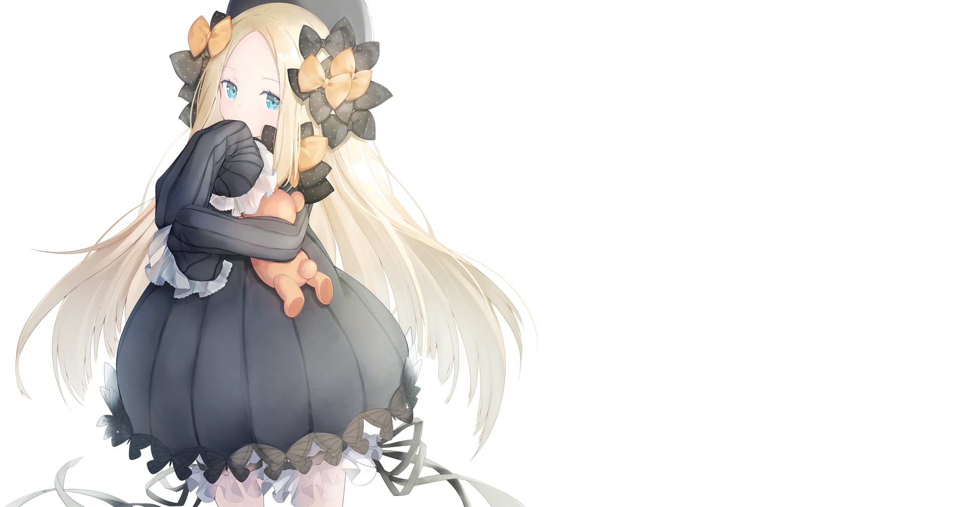 HD anime desktop wallpaper featuring Abigail Williams from Fate/Grand Order, showcasing her elegant design and detailed costume in a bright, minimalistic background.