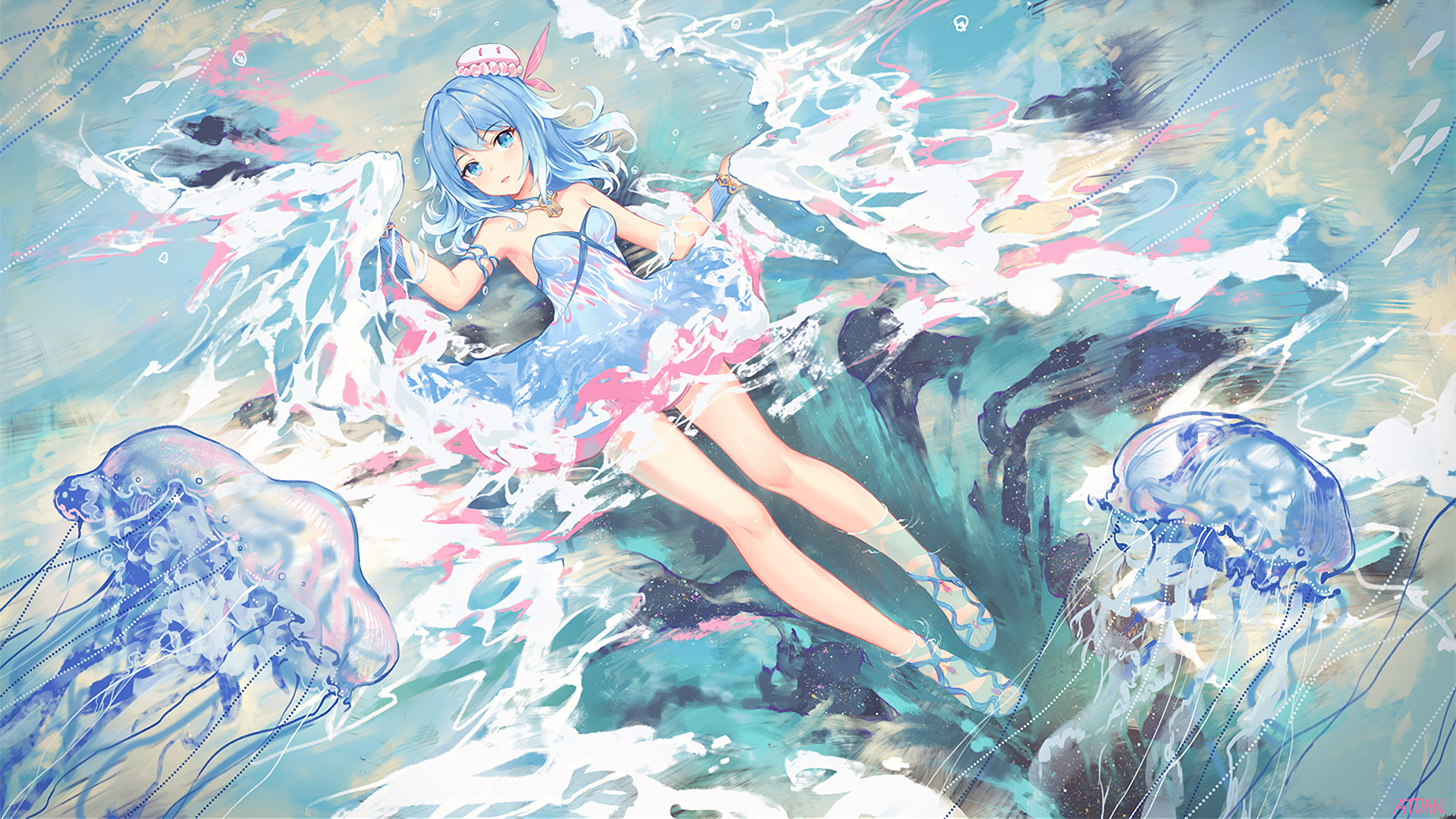 A vibrant HD wallpaper featuring Hatsune Miku, the popular Vocaloid character, surrounded by colorful jellyfish and flowing water, showcasing a stunning anime art style.