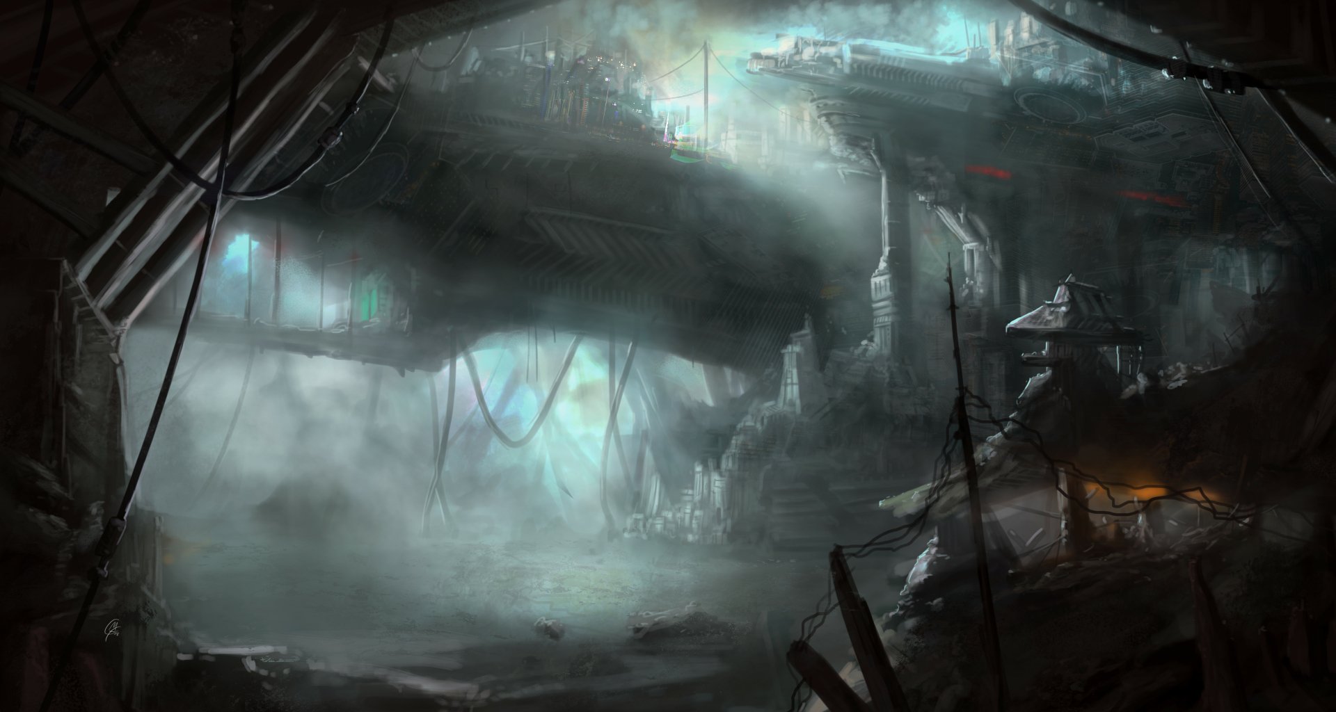 5K Ultra HD PC desktop wallpaper of a sci‑fi city: foggy, ruined megastructures and suspended platforms, cyan glows and cables framing a dystopian industrial skyline.