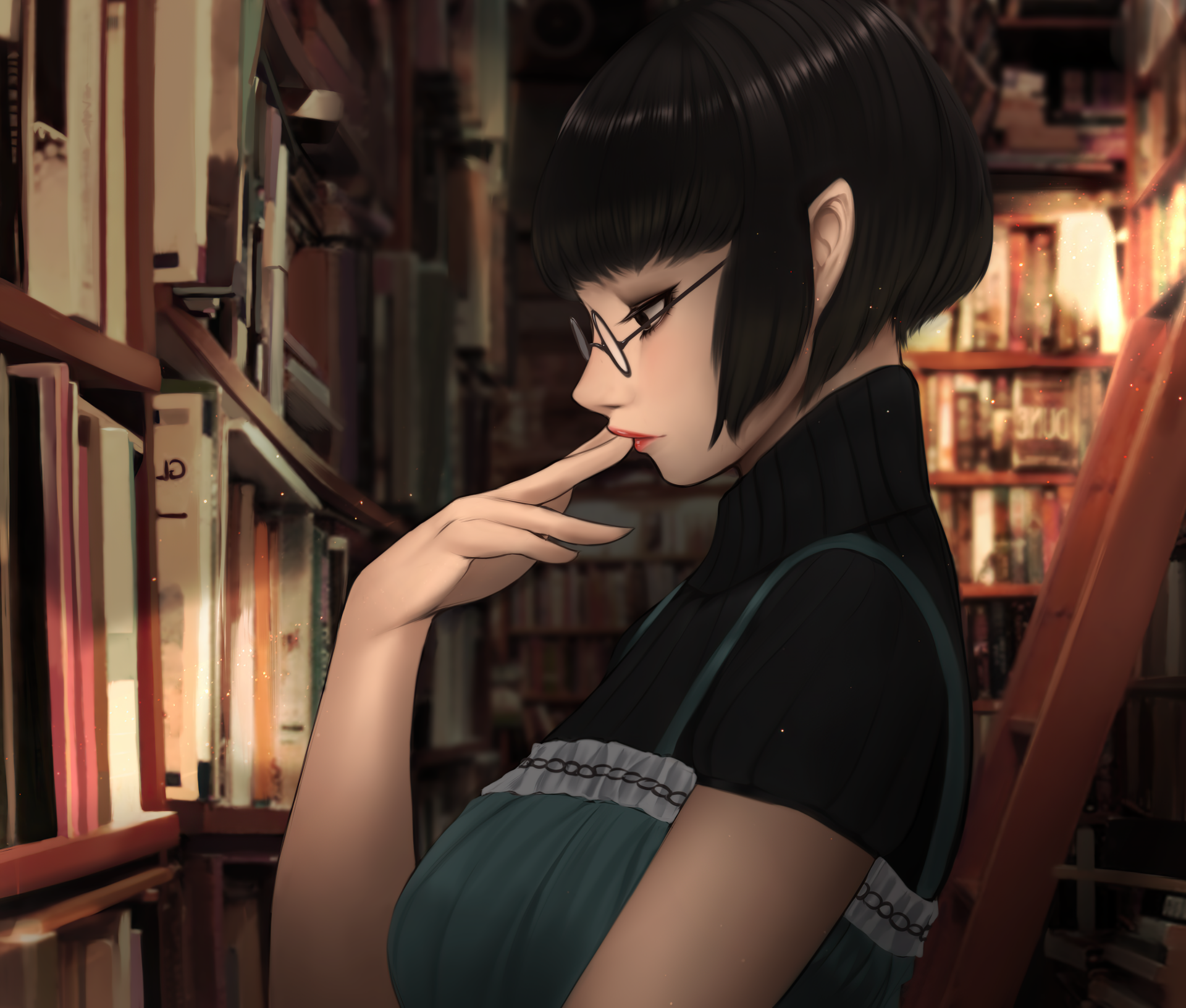 Anime-style HD desktop wallpaper of a short-haired girl with black hair and glasses, deep in thought while reading a book in a warmly lit library.