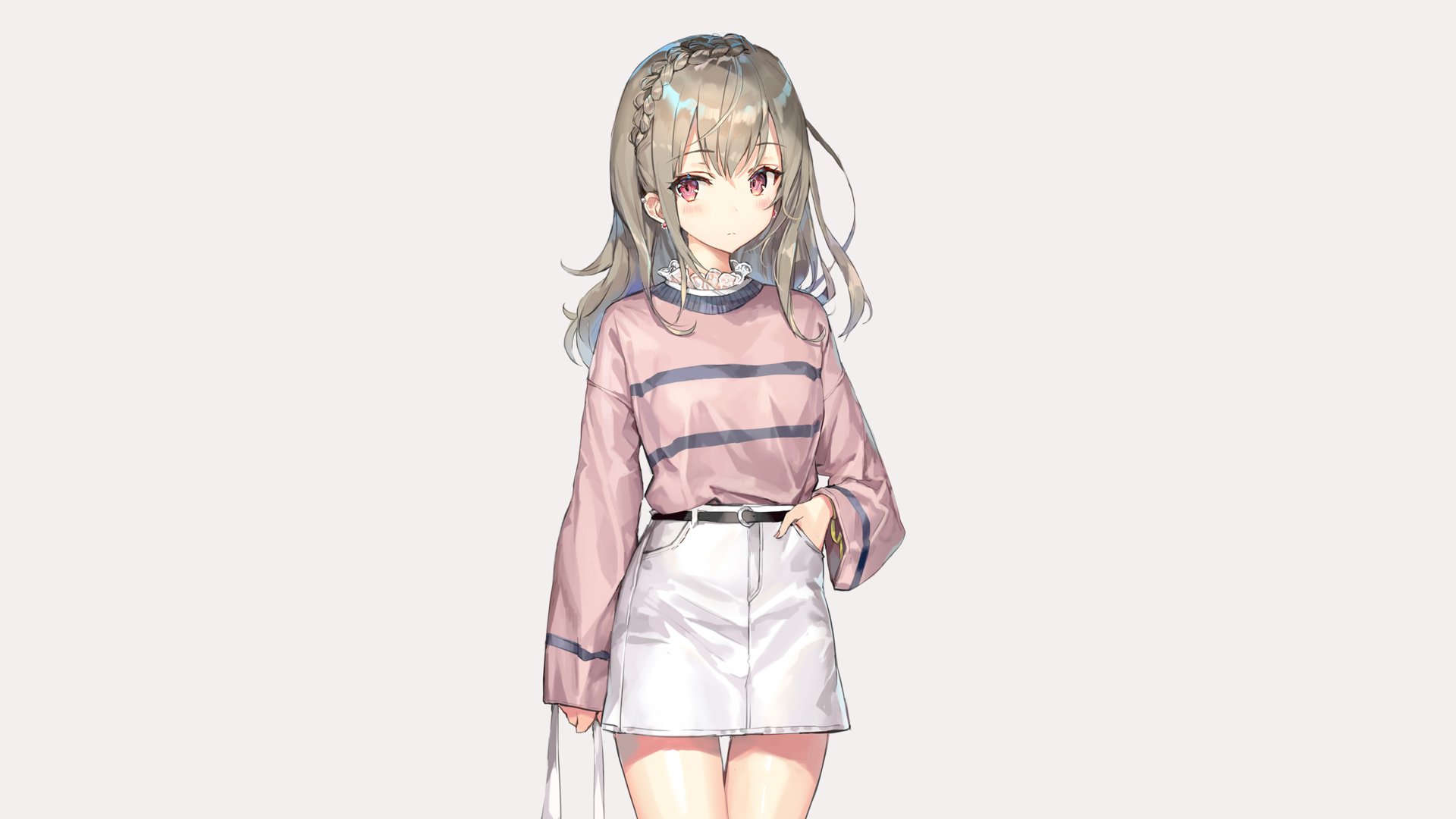 HD anime wallpaper featuring a girl with light brown hair wearing a pink and purple striped top and white skirt.