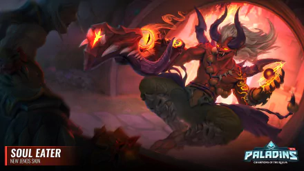 HD PC desktop wallpaper and background of Jenos (Paladins) from the Paladins video game: Soul Eater skin—demonic red-glowing Jenos with a spectral serpent amid fiery ruins.