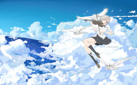 Anime HD desktop wallpaper: blonde, short-haired violinist with grey eyes floating among clouds, playing a violin as white owls and birds glide around her.