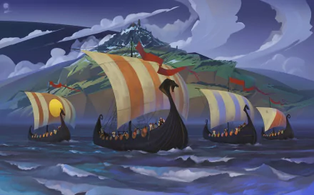 HD desktop wallpaper of Viking drakkar ships sailing near a mountainous coastline, inspired by the video game The Banner Saga.