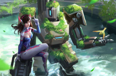 HD PC desktop wallpaper featuring D.Va and Bastion from the video game Overwatch in a lush, vibrant environment.