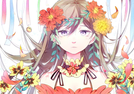 Anime girl with long brown hair and striking purple eyes, adorned with vibrant flowers, rendered in HD as a detailed and colorful PC desktop wallpaper background.