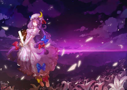 Anime illustration of Patchouli Knowledge (Touhou) standing in a purple moonlit field with floating petals — 2K Quad HD PC desktop wallpaper and background.