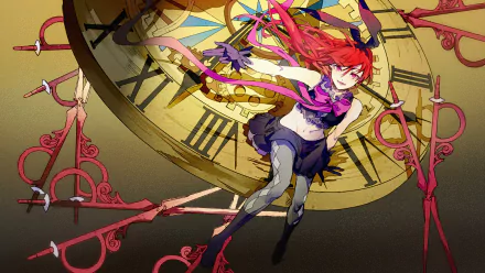 Stacia (Unlight) anime illustration: red-haired fighter suspended above a shattered clock face with pink gears — HD PC desktop wallpaper and background.