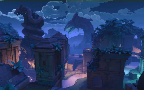 Paladins video game HD PC desktop wallpaper/background: moonlit jungle ruins with towering serpent statues, overgrown stone platforms and glowing pathways beneath a stormy blue sky.