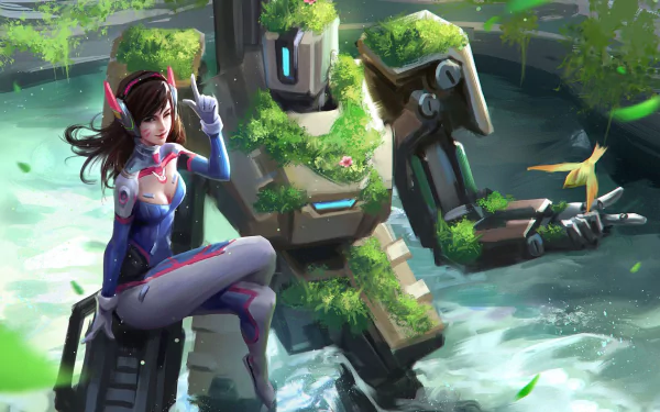 HD PC desktop wallpaper featuring D.Va and Bastion from the video game Overwatch in a lush, vibrant environment.