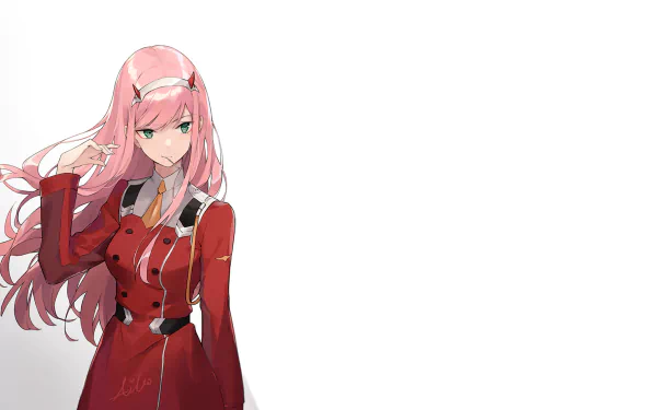 HD desktop wallpaper featuring Zero Two from the anime Darling in the FranXX. The background is white with Zero Two standing on the left, wearing her signature red outfit.