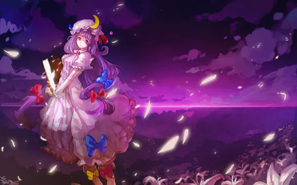 Anime illustration of Patchouli Knowledge (Touhou) standing in a purple moonlit field with floating petals — 2K Quad HD PC desktop wallpaper and background.