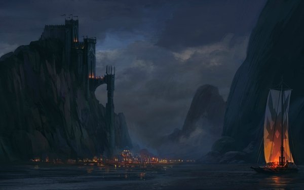 Fantasy Castle Castles Ship Town Night HD Wallpaper | Background Image