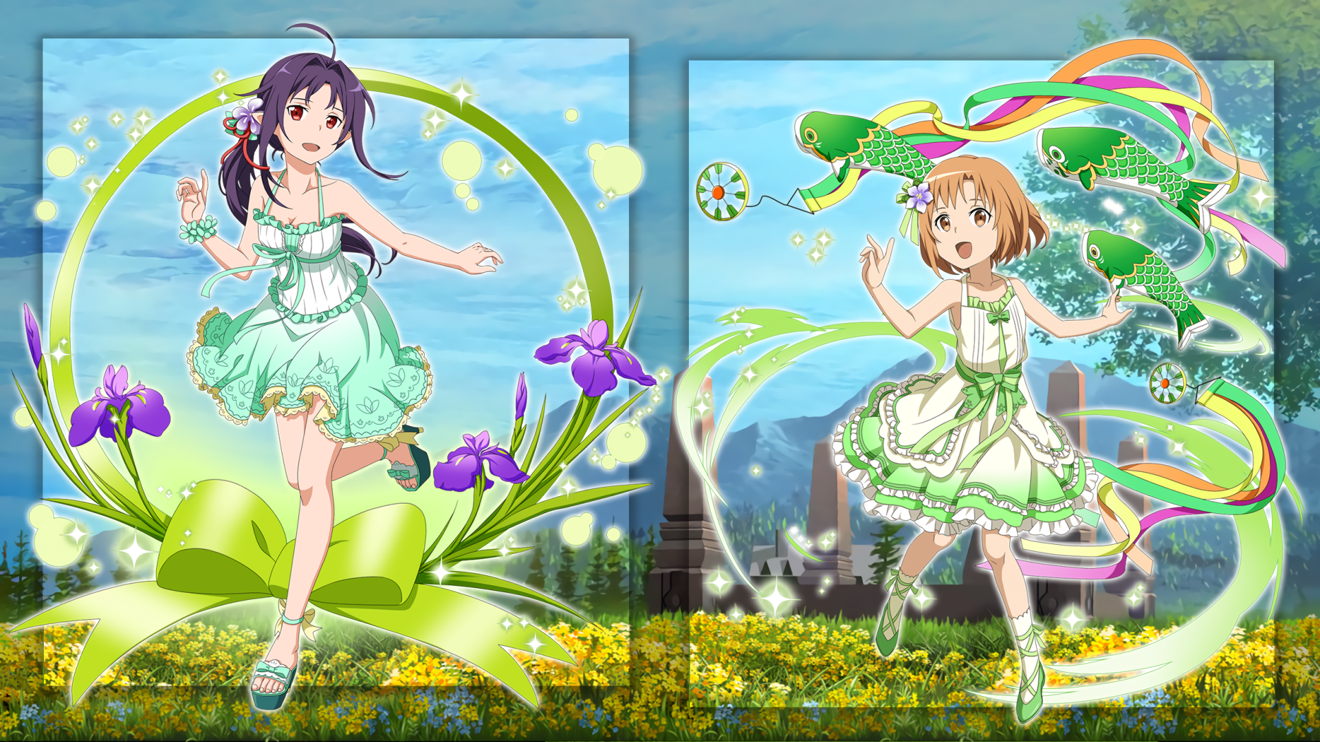 HD PC desktop wallpaper featuring anime characters from Sword Art Online: Memory Deffrag in vibrant green dresses amidst flowers and swirling magical effects.