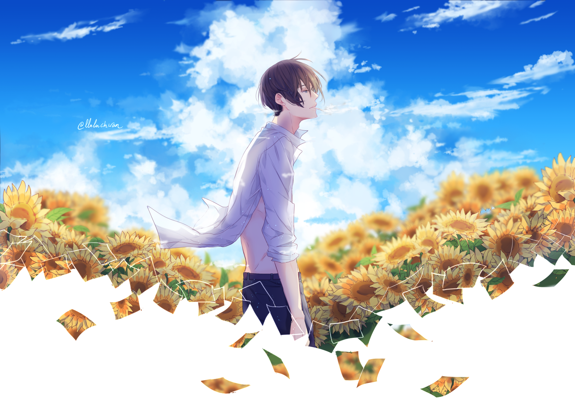 Anime-style HD desktop wallpaper depicting a short brown-haired character with grey eyes and a cigarette, standing amidst a vibrant sunflower field under a bright blue sky.