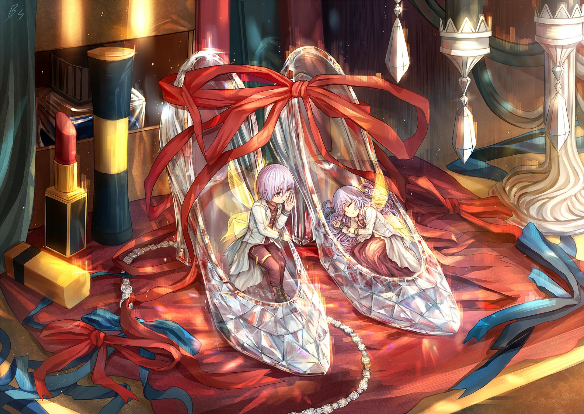 HD anime original desktop wallpaper featuring two small anime characters inside large crystal shoes surrounded by oversized makeup items and vibrant red ribbons.