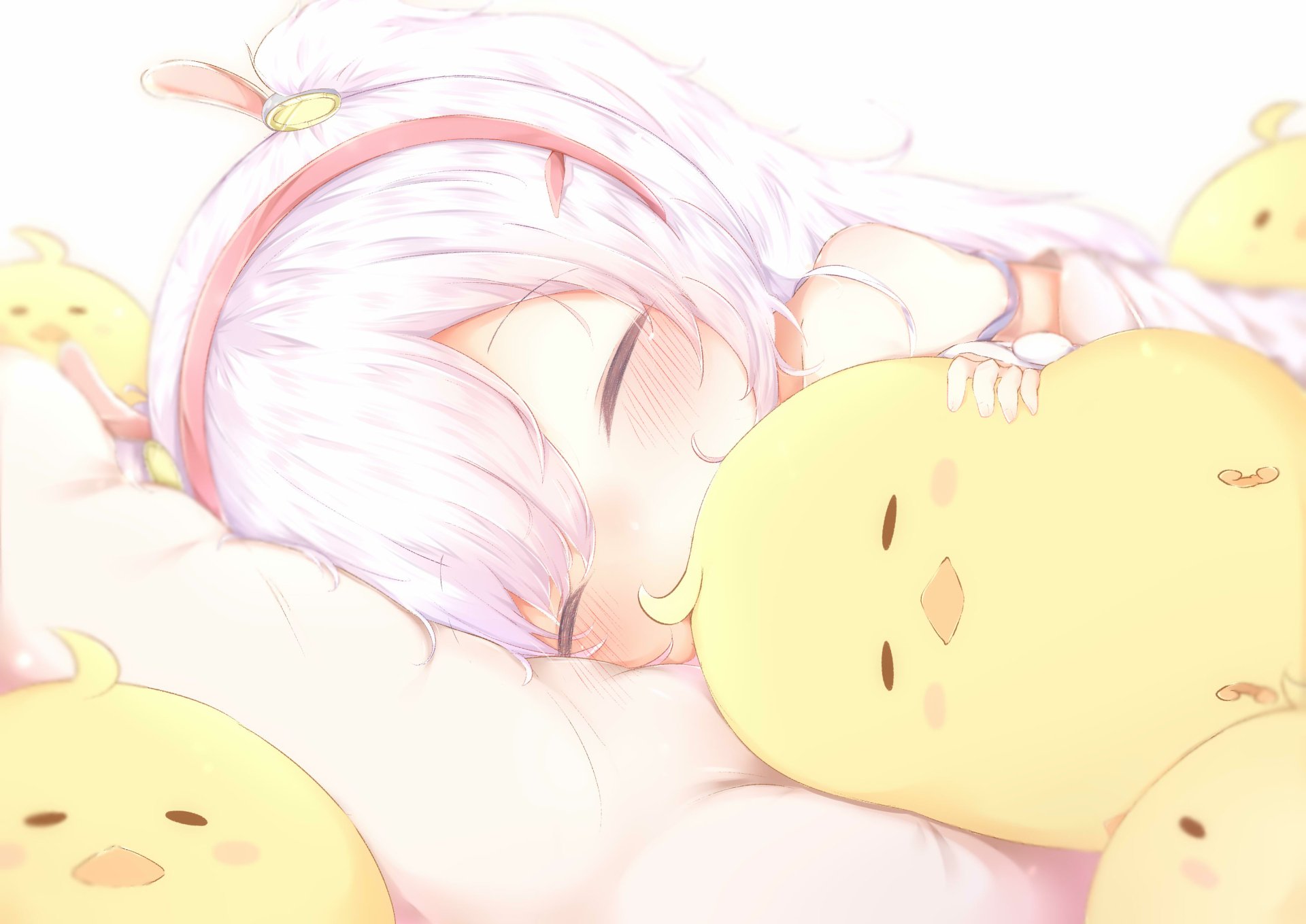Laffey from Azur Lane, an anime character with long white hair, peacefully sleeps surrounded by yellow chick plushies. This HD desktop wallpaper showcases a soft and serene background.