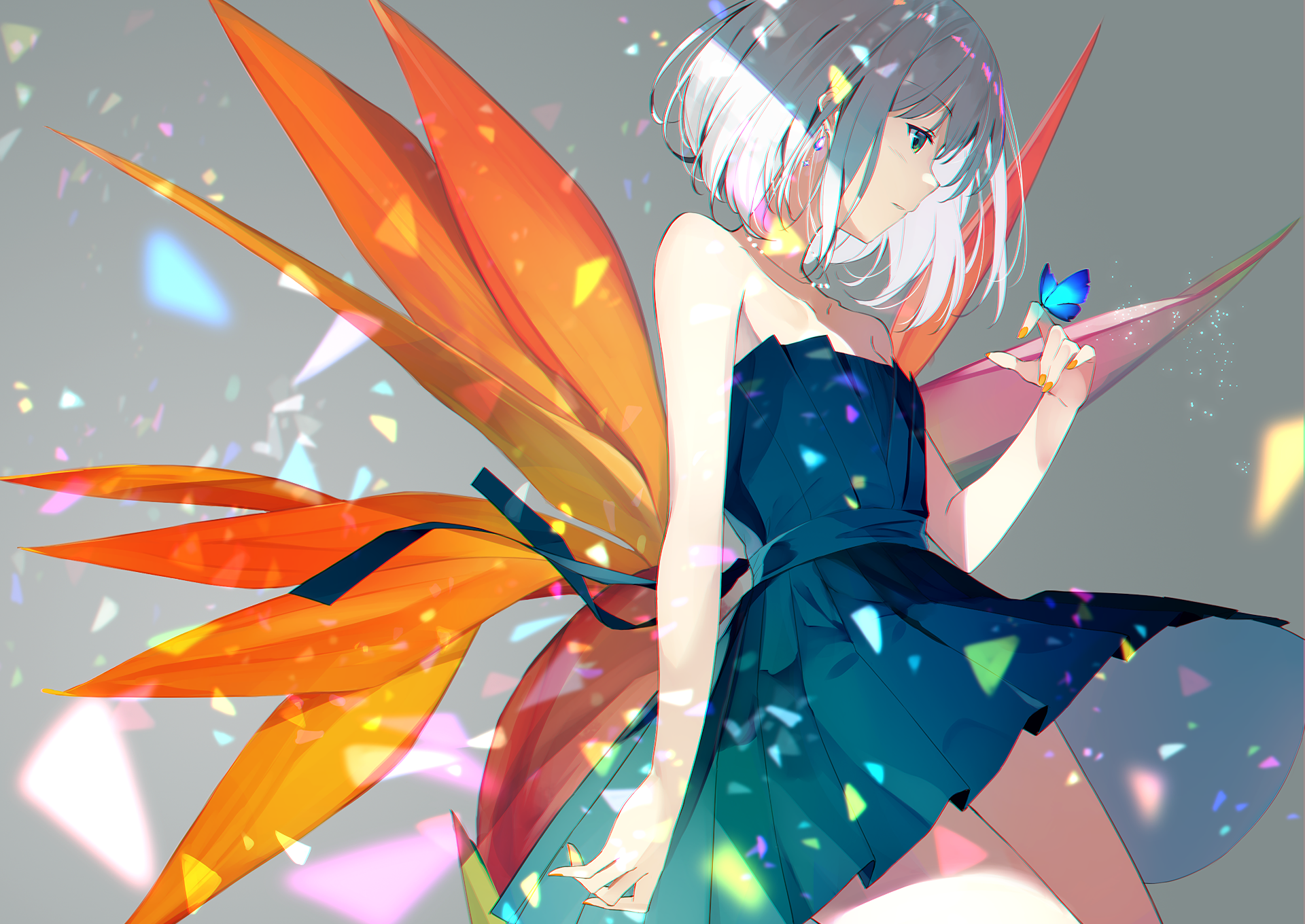 Anime character with white hair, vibrant orange wings, and holding a blue butterfly. The image is a colorful HD desktop wallpaper and background.