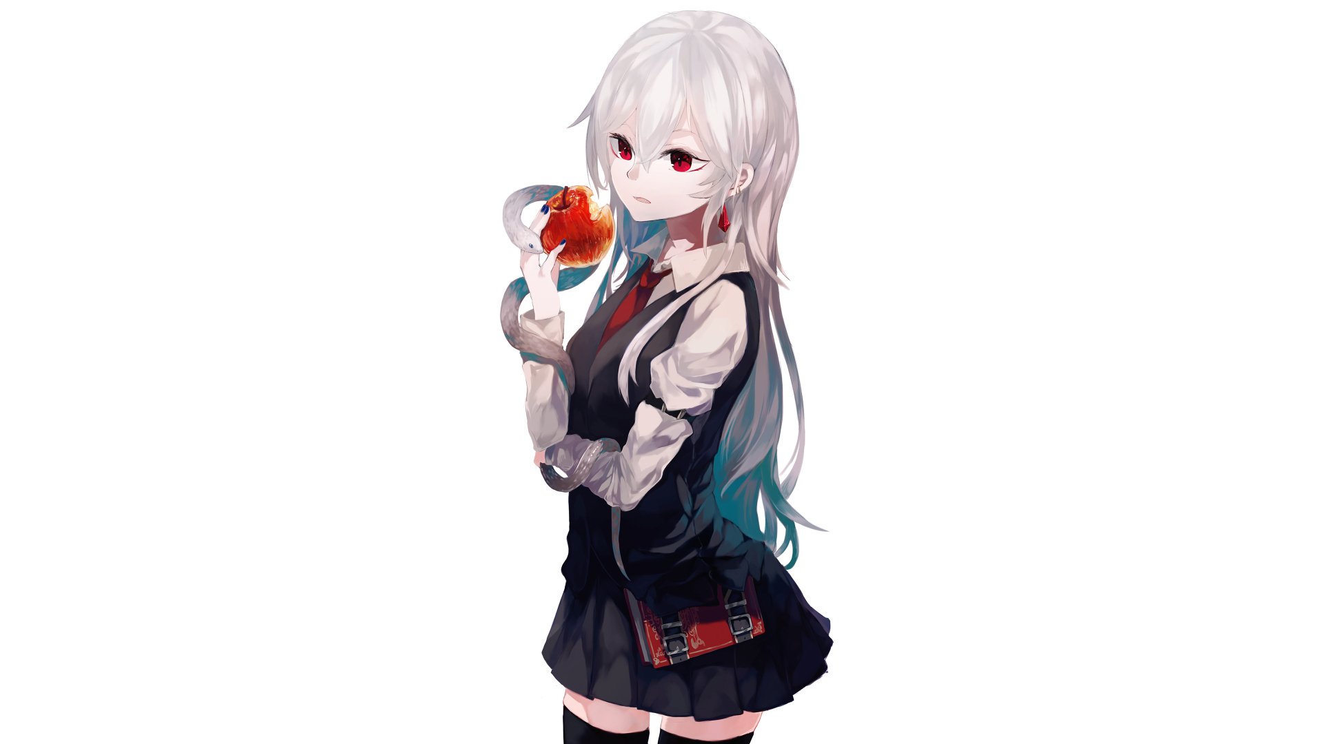 Anime Original 4K Ultra HD PC desktop wallpaper: white-haired, red-eyed schoolgirl in a black uniform holding a glowing red orb on a white background.
