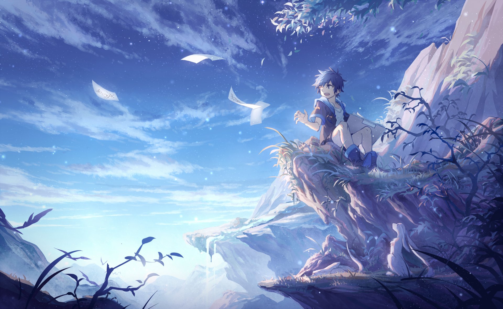 Anime-style HD desktop wallpaper featuring an original character with short blue hair and blue eyes sitting on a rocky cliff under a vibrant sky.