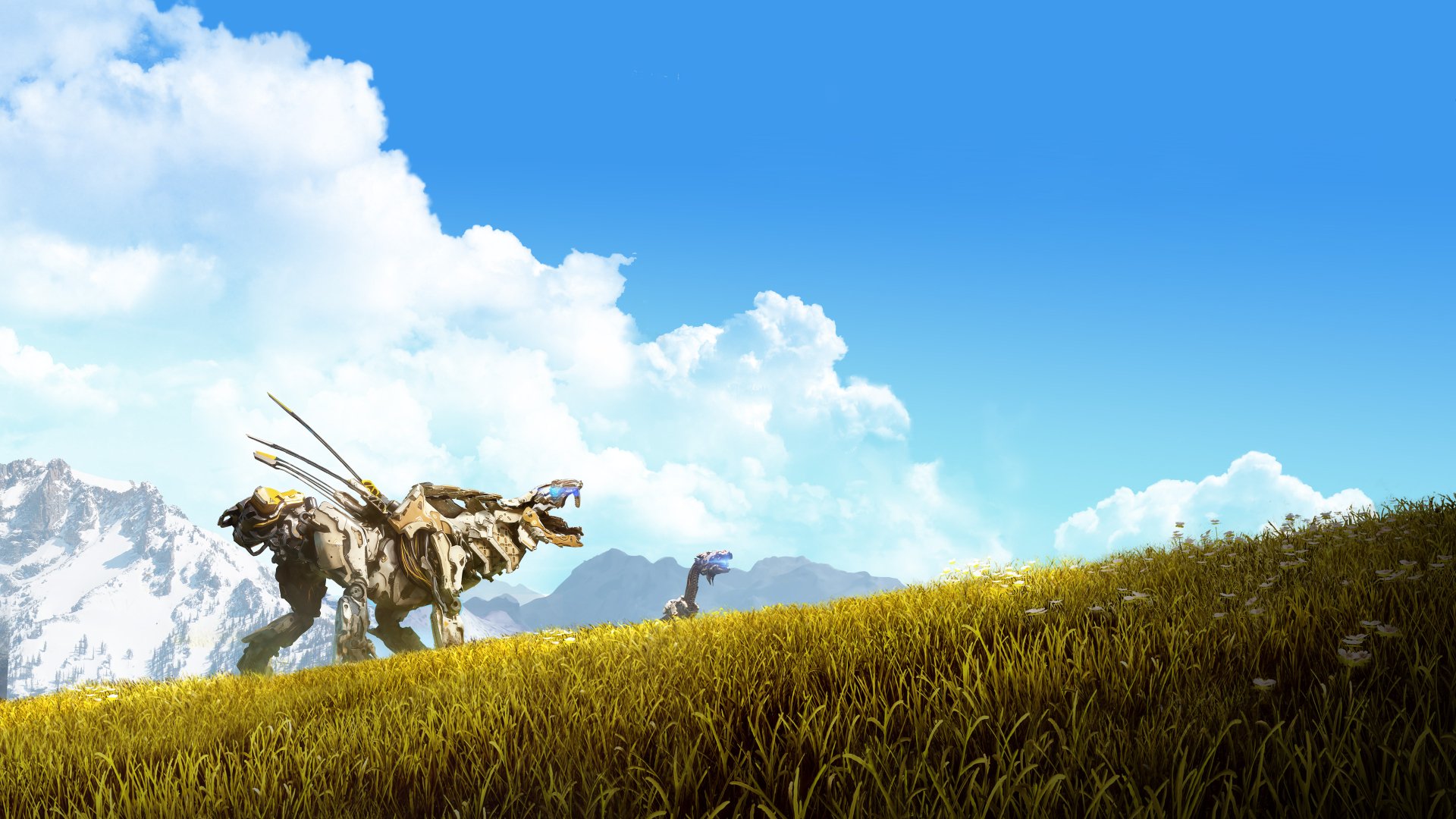 4K Ultra HD Horizon Zero Dawn wallpaper showing a robotic creature and a character in a grassy field under a bright blue sky with clouds, designed for PC desktops.