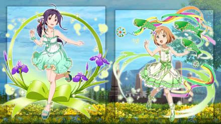 HD PC desktop wallpaper featuring anime characters from Sword Art Online: Memory Deffrag in vibrant green dresses amidst flowers and swirling magical effects.