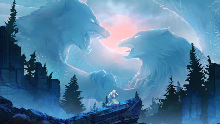 A fantasy HD desktop wallpaper featuring a powerful woman standing on a rocky cliff with towering, ethereal images of an eagle and a wolf in the sky, set against a mystical forest background.