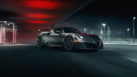 Silver Alfa Romeo 4C supercar parked under red and white lights in a moody urban garage — 4K Ultra HD PC desktop wallpaper of the sleek performance vehicle.