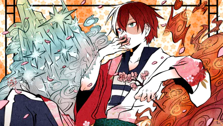 HD desktop wallpaper featuring Shoto Todoroki from My Hero Academia in an anime art style, with vibrant colors and detailed background representing his fire and ice powers.
