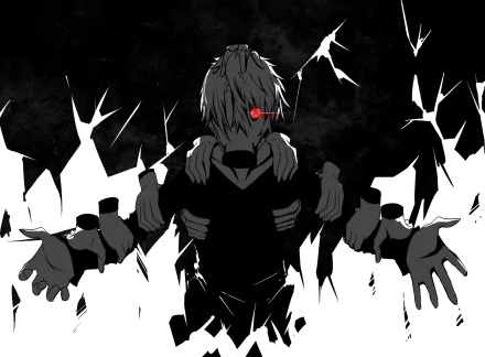 HD desktop wallpaper of Tomura Shigaraki from My Hero Academia, featuring him in a dark background with multiple outstretched hands and a red-eye accent.