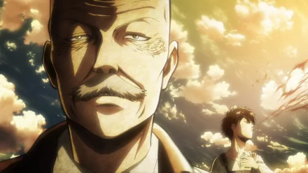 HD PC desktop wallpaper featuring Dot Pixis in the foreground and Eren Yeager in the background from the anime Attack on Titan, with a dramatic sunset sky.