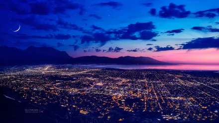 HD anime-style night scene wallpaper featuring a city with twinkling lights, water bodies, mountains, clouds, and a crescent moon illuminating the landscape beautifully.