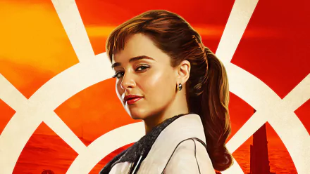 HD PC desktop wallpaper featuring Emilia Clarke as Qi'ra from Solo: A Star Wars Story, set against a vibrant orange and red background with geometric elements.