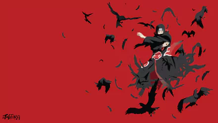 HD wallpaper featuring Itachi Uchiha from the anime Naruto, set against a red background with black crows flying around him.