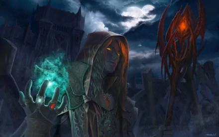 HD PC desktop wallpaper and background: hooded fantasy sorcerer with yellow eyes beneath a full moon, summoning blue-green magic while gripping an ornate staff at night.