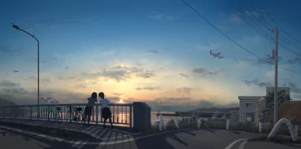 Anime-style HD desktop wallpaper of two characters with black hair and ponytails by a bike at sunset, featuring a serene coastal road and soft orange sky.