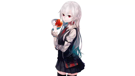 Anime Original 4K Ultra HD PC desktop wallpaper: white-haired, red-eyed schoolgirl in a black uniform holding a glowing red orb on a white background.