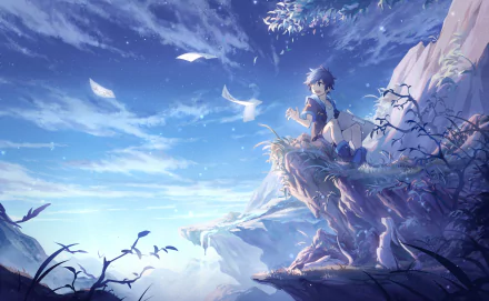 Anime-style HD desktop wallpaper featuring an original character with short blue hair and blue eyes sitting on a rocky cliff under a vibrant sky.