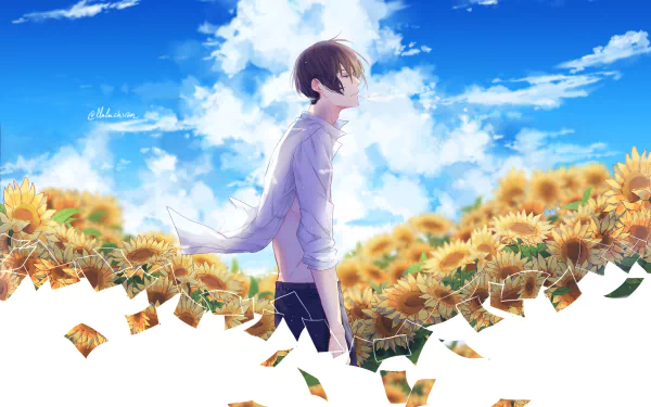 Anime-style HD desktop wallpaper depicting a short brown-haired character with grey eyes and a cigarette, standing amidst a vibrant sunflower field under a bright blue sky.