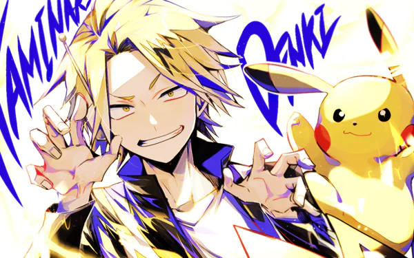 HD anime desktop wallpaper featuring Denki Kaminari from My Hero Academia and Pikachu from Pokémon in a vibrant crossover scene.